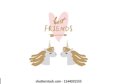 Vector and jpg image, clipart, editable isolated details. Best friends. Cute cartoon unicorns art, nursery stylish Illustration, unique print for posters, cards, clothes, invitations, baby goods.