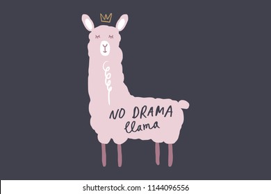 Vector and jpg image, clipart, editable isolated details. No drama llama cartoon funny art, baby stylish Illustration, unique print for posters, cards, mugs, clothes, childs goods and other.