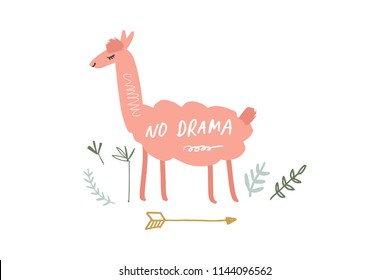 Vector and jpg image, clipart, editable isolated details. No drama llama cartoon funny art, baby stylish Illustration, unique print for posters, cards, mugs, clothes, childs goods and other.