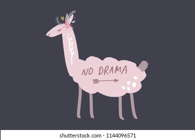 Vector and jpg image, clipart, editable isolated details. No drama llama cartoon funny art, baby stylish Illustration, unique print for posters, cards, mugs, clothes, childs goods and other.