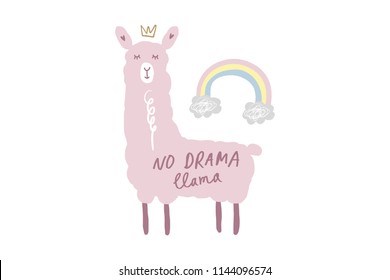 Vector and jpg image, clipart, editable isolated details. No drama llama cartoon funny art, baby stylish Illustration, unique print for posters, cards, mugs, clothes, childs goods and other.