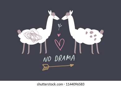 Vector and jpg image, clipart, editable isolated details. No drama llamas cartoon funny art, baby stylish Illustration, unique print for posters, cards, mugs, clothes, childs goods and other.