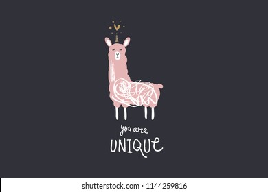 Vector and jpg image, clipart, editable isolated details. Llama unicorn cartoon funny art, baby stylish Illustration, unique print for posters, cards, mugs, clothes, childs goods and other.