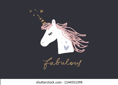 Vector and jpg image, clipart, editable isolated details. Unicorn head funny art, baby stylish Illustration, unique print for posters, cards, mugs, clothes and other.