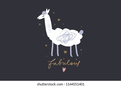 Vector and jpg image, clipart, editable isolated details. Llama cartoon funny art, baby stylish Illustration, unique print for posters, cards, mugs, clothes and other.