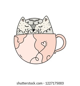 Vector and jpg image, clipart, editable isolated details. Funny cat in the cup, baby illustration, unique print for posters, cards, mugs, clothes and other.