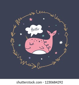 Vector and jpg image, clipart, editable isolated details. Little girl narwhal and frame, baby illustration, unique print for posters, cards, mugs, clothes and other.