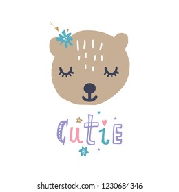 Vector and jpg image, clipart, editable isolated details. Pastel baby bear face illustration, unique print for posters, cards, mugs, clothes and other.