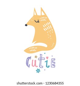 Vector and jpg image, clipart, editable isolated details. Pastel baby fox illustration, unique print for posters, cards, mugs, clothes and other.