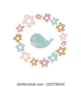 Vector and jpg image, clipart, editable isolated details. Cute little whale art, baby stylish illustration, unique print for posters, cards, mugs, clothes and other.