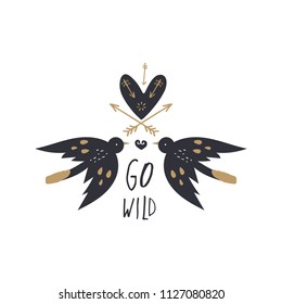 Vector and jpg image, clipart, isolated birds emblem. Wild print. Cartoon style, boho art. Scandinavian design. Stickers, decor elements.
