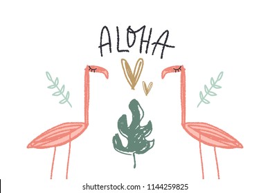 Vector and jpg image, clipart, isolated details. Funny cute flamingos art, summer stylish Illustration, unique print for posters, cards, mugs, clothes, childs goods and other.