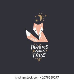 Vector and jpg image. Cute abstract fox, hand letters. Scandinavian art. Decor elements for your stuff and graphic design. Good for gift card and kids products. Clipart, isolated.