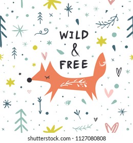 Vector and jpg image. Cute baby fox and sign, pattern. Scandinavian style art. Stickers, print, decor elements for design and other. Clipart, isolated details.