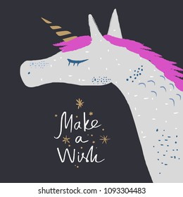 Vector and jpg image. Cute unicorn and lettering. Fantasy art. Decor elements for your stuff and graphic design. Good for gift card and kids products. Clipart. Isolated.