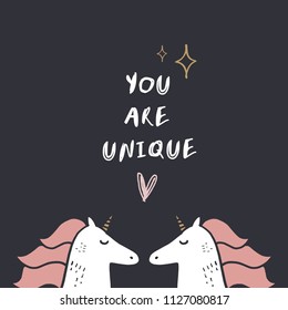 Vector and jpg image. Cute unicorns and lettering text. Magic art. Decor elements for your stuff and graphic design. Good for gift card and kids products. Clipart. Isolated.