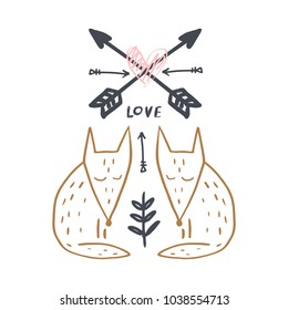 Vector and jpg image. Funny hand drawn wild animals. Brush lettering and heart label. 
Branch with leaves and arrow.
Decor elements for your stuff and graphic design. Clipart. Isolated.