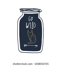 Vector and jpg image. "Go wild" text in the bottle and funny hand drawn animal. Brush lettering.
Decor elements for your stuff and graphic design. Clipart. Isolated.