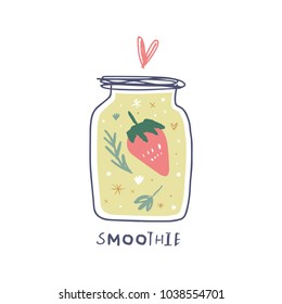 Vector and jpg image. Hand drawn strawberry smoothie bottle and lettering. Summer art.
Decor elements for your stuff and graphic design. Clipart. Isolated.