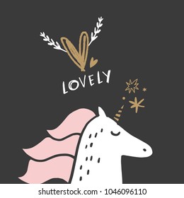 Vector and jpg image. Hand drawn cute unicorn. Scandinavian art.
Decor elements for your stuff and graphic design. Good for gift card and kids products. Clipart. Isolated.