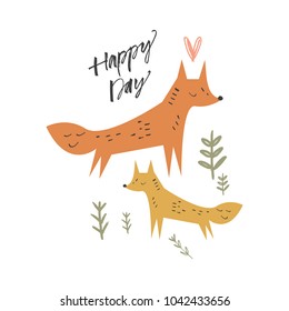 Vector and jpg image. Handwritten letters. Baby card.
Cute cartoon foxes. Nursery picture.
Scandinavian art.
Happy day text. Design elements, t-shirt and other clothes print.
Isolated.