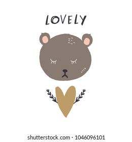 Vector and jpg image. Little bear and 
inscription "Lovely". Scandinavian art.
Decor elements for your stuff and graphic design. Good for gift card and kids products. Clipart. Isolated.