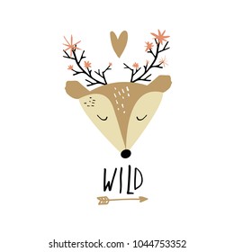 Vector and jpg image. Little deer. 
Scandinavian art.
Handwritten letters. Baby card. Nursery picture.
Design elements, t-shirt and other clothes print.
Isolated.