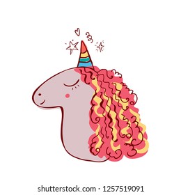 Vector and jpg image, print, editable isolated details. Unicorn head cute art, baby stylish illustration, unique print for posters, cards, mugs, clothes.