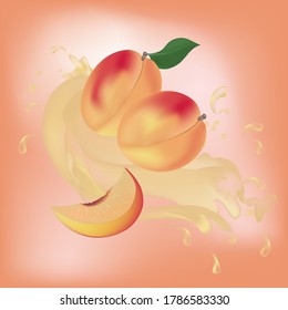 Vector of jucy peaches with juce
 splash,slice and leaf.Isolated on pink background