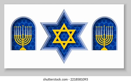Vector Judaism Religion Symbol Background. Gold David Star Hexagram And Menorah 3d Paper Cut Style Illustration. Happy Hanuka Celebration, Religious Tradition And Faith