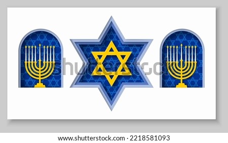 Vector judaism religion symbol background. Gold David star hexagram and menorah 3d paper cut style illustration. Happy hanuka celebration, religious tradition and faith