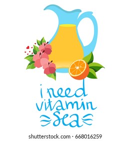 Vector Jug with juice and orange. Design for summer banner or poster. Illustration isolated on white background with place for text