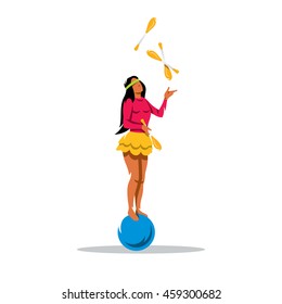 Vector juggler girl Cartoon Illustration. Girl standing on the ball throws skittles. Unusual Logo template isolated on a white background