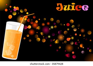 Vector juice cocktail on defocused illuminated background.