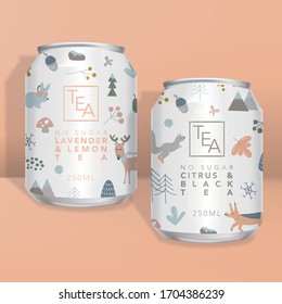 Vector Juice, Soda, Tea Or Coffee Can  Packaging, Winter Forrest Animals Minimal Design