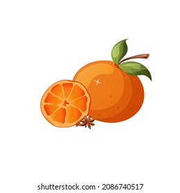 Vektorsaft, große Orange und Scheibe einzeln auf weißem Hintergrund. Gewürzanis und Zitrusfrüchte