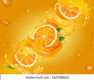 Vector juicy, fresh orange background with whole and slices of oranges with juice splash, leaves and drops advertising.