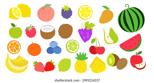 Vector juicy fruit set. Cartoon lemon, peach, blackberry, mango, watermelon, apple, raspberry. Healthy food. 