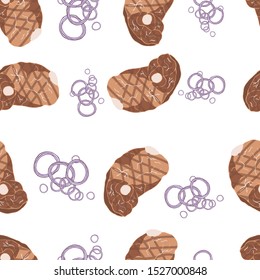 Vector juicy grilled grilled steak and fresh onion. Food seamless pattern isolated on white.