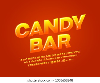 Vector juicy logotype Candy Bar with Glossy Font. Tasty sweet Alphabet Letters, Numbers and Symbols.