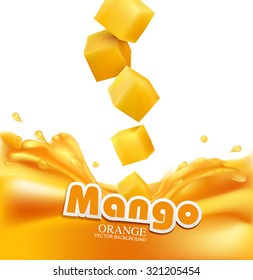 Vector juicy mango slices falling into fresh juice (isolated on white background)