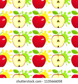 Vector juicy seamless pattern with whole and sliced red striped apples with blots of paint isolated on the white background.