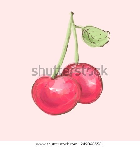 Vector juicy sketchy cheery fruit isolated on soft pink, summer tasty fruit hfnd drawn painting