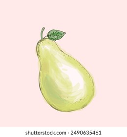 Vector juicy sketchy pear fruit isolated on soft pink, summer tasty fruit hfnd drawn painting