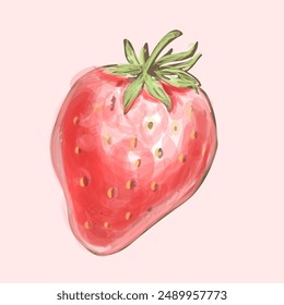 Vector juicy sketchy strawberry isolated on soft pink, watercolor summer tasty fruit hand drawn painting