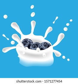 Vector juicy wave, flowing liquid. Splashing milk. Vector fluid. Blueberries background. Juicy natural fruit. Blueberry isolated.