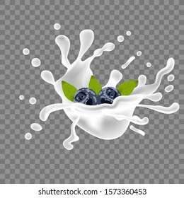 Vector juicy wave, flowing liquid. Splashing milk. Vector fluid. Blueberries background. Juicy natural fruit. Blueberry isolated.