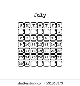 Vector July 2017 month calendar, black color. Week Starts on Sunday