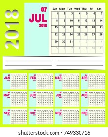 Vector July 2018 new year calendar in clean minimal table simple Holiday event planner,Week Starts Sunday