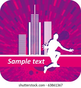 Vector jump boy with town white silhouette and purple shine abstract background